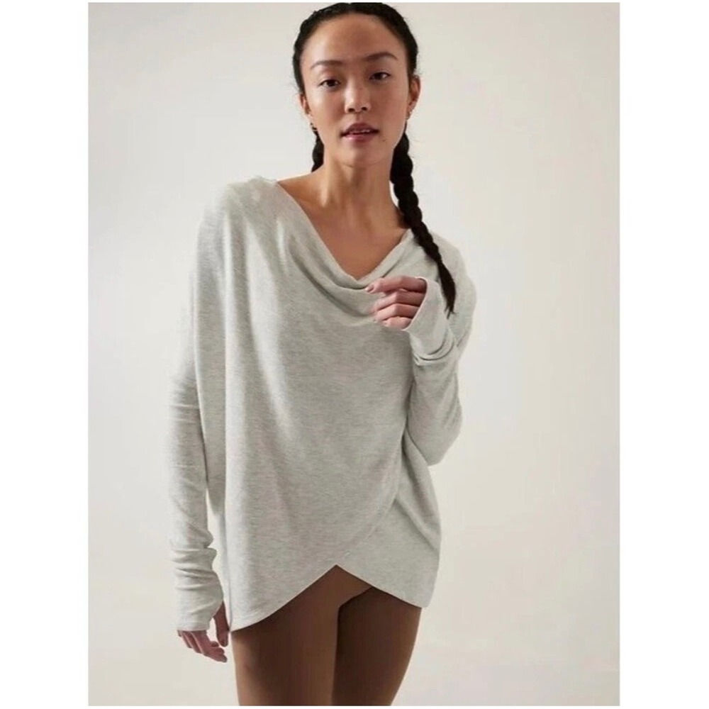 Athleta Purana Wrap Sweatshirt Grey Hooded Cowl Neck Thumbholes Size Large
